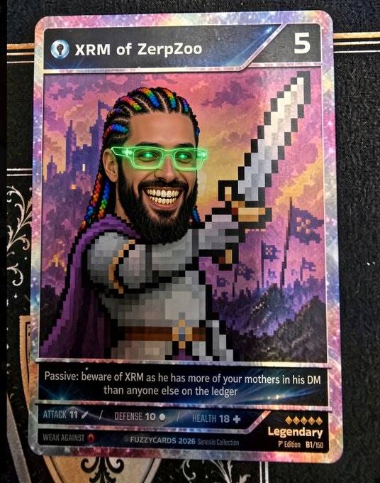 A pixelated "FuzzyCards 2026" collectible card depicts "XRM of ZerpZoo" rated 5/5 Legendary with 11 Attack, 10 Defense, 18 Health and a passive ability warning of his DM history, parodying his rivalry with Crust Jon mentioned in the post about selling competing cards like $deeptide and $BIDDS.