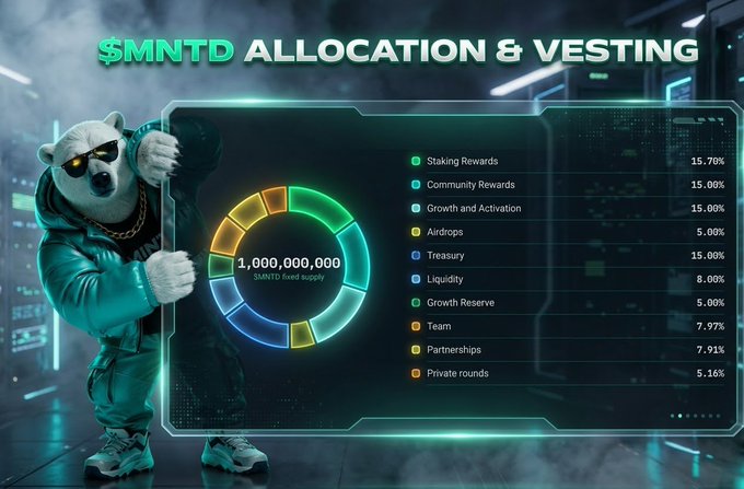 A cryptocurrency tokenomics graphic titled '$MNTD ALLOCATION & VESTING' showing a total fixed supply of 1,000,000,000 tokens distributed across categories including Staking Rewards (15.70%), Community Rewards (15.00%), Treasury (15.00%), and others, featuring a bear character in sunglasses.