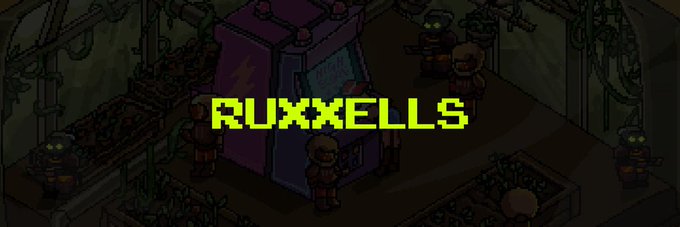 Pixel art style graphic showing characters in a dimly lit mechanical room with the word 'RUXXELLS' displayed in large yellow-green text.