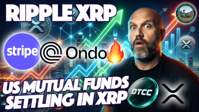 Thumbnail for a YouTube video titled 'RIPPLE XRP US MUTUAL FUNDS SETTLING IN XRP,' featuring a surprised man, logos for Stripe and Ondo, and DTCC and Ripple XRP branding.