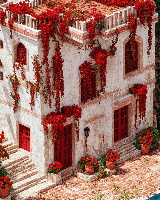 A detailed miniature or digital rendering of a weathered white stucco building adorned with cascading bright red flowers, red doors, and potted plants on a brick-paved courtyard.
