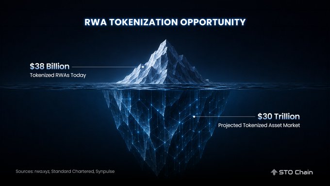 An iceberg graphic illustrating the "RWA TOKENIZATION OPPORTUNITY" with $38 Billion "Tokenized RWAs Today" above water and a projected $30 Trillion market below, sourced from rwa.xyz, Standard Chartered, and Synpulse, by STO Chain.