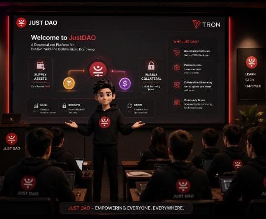A presentation scene showing a character in a Just DAO branded hoodie standing before a large screen explaining a 'Decentralized Platform for Passive Yield and Collateralized Borrowing' associated with TRON.