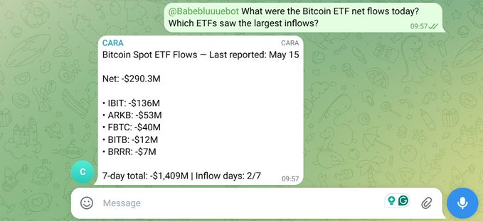 The image shows a screenshot of a conversation between two people discussing cryptocurrency. One person is typing text that says "Here's how to spin up an Aethir Claw account and deploy CARA, a crypto-native AI agent in under 5 minutes", while the other person responds with text talking about Bitcoin ETF flows. The focus of this image seems to be on understanding the process for creating an account and deploying a crypto AI agent named "CARA".