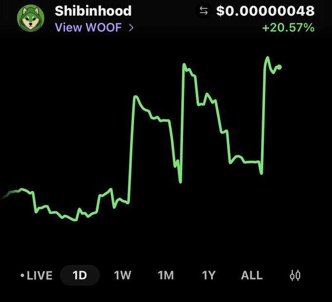 A cryptocurrency price chart for 'Shibinhood' showing a price of $0.00000048 with a +20.57% gain on a green line graph.