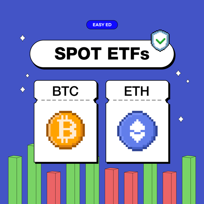 A pixel-art style graphic with a blue background features a "SPOT ETFs" header with a green checkmark shield, and two ticket-style cards labeled "BTC" and "ETH" displaying their respective orange Bitcoin and blue Ethereum logos above green and red bar charts, visually representing the net outflows of $229.7M for BTC and $22.2M for ETH spot ETFs.
