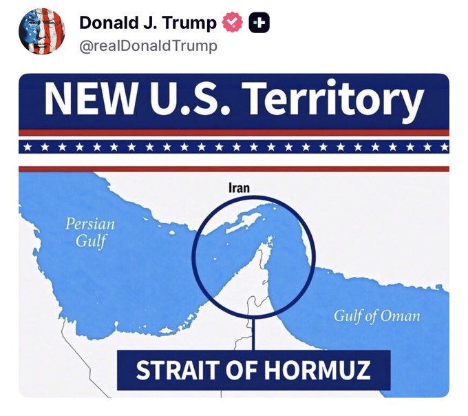A post from Donald J. Trump (@realDonaldTrump) claiming the Strait of Hormuz as 'NEW U.S. Territory,' featuring a map highlighting the strait between Iran and the Persian Gulf.