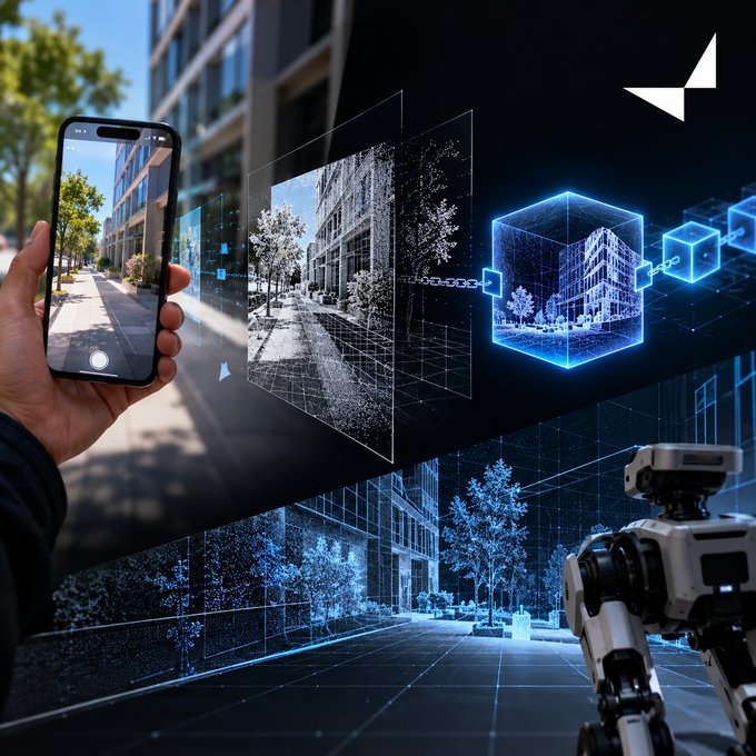 A composite image shows a hand holding a smartphone photographing a street scene on the left, transitioning to a digital 3D wireframe representation with a small robot on the right.