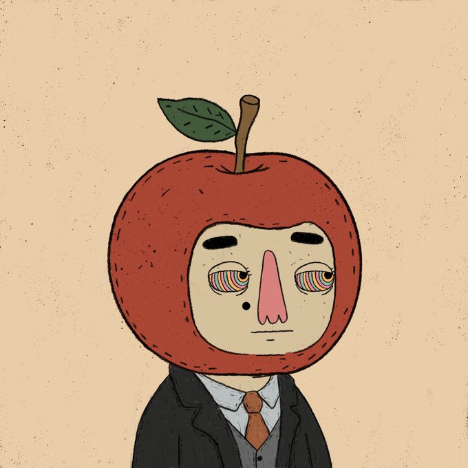 A whimsical illustration of a character wearing a suit and tie with a large red apple as their head, featuring colorful psychedelic eyes and a single green leaf on top.