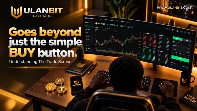 A trader works at a multi-monitor ULANBIT Exchange setup displaying the BTC/USDT chart at 67,422.12, alongside physical Bitcoin tokens, a ULANBIT-branded notebook, and a "Trade Smarter" mug. The accompanying text highlights that the platform's trading interface offers more functionality than just a simple Buy button, as shown by the comprehensive trade view screen.