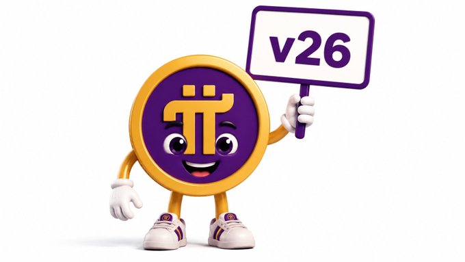 A 3D rendered Pi Network mascot, a gold coin character, holds up a sign displaying 'v26'.