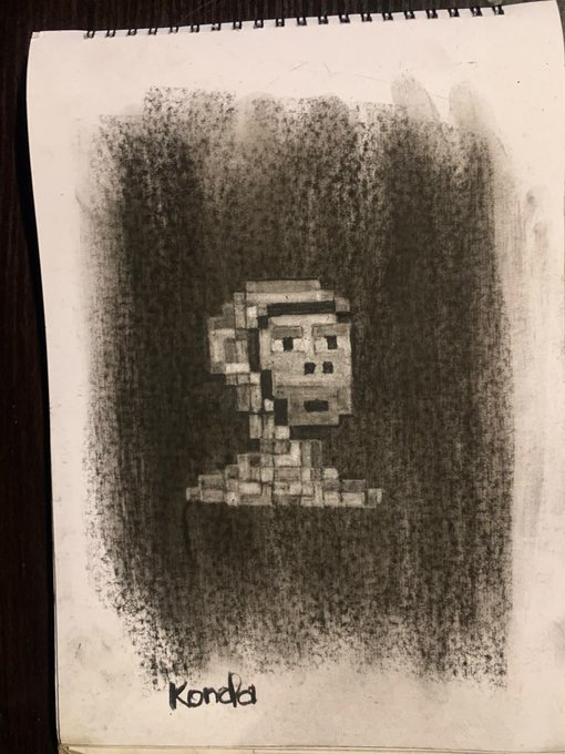 A pencil sketch in a spiral notebook shows a pixelated skull character with the signature 'Konda' at the bottom.