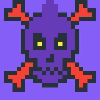 A pixel art illustration of a purple creature with yellow eyes, red claw-like protrusions in each corner, and a skull-like face.