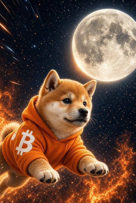 A digital illustration of a Shiba Inu dog wearing an orange hoodie with the Bitcoin symbol, floating in space against a backdrop of a large full moon and fiery orange cosmic clouds.