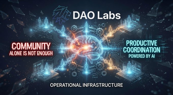 A futuristic digital graphic for **DAO Labs** featuring a glowing AI-powered brain at its center, surrounded by holographic figures, gears, and circuit boards, with the taglines "COMMUNITY ALONE IS NOT ENOUGH," "PRODUCTIVE COORDINATION POWERED BY AI," and "OPERATIONAL INFRASTRUCTURE." The image visually reinforces the post's argument that meaningful community impact requires AI-driven coordination tools rather than engagement alone.