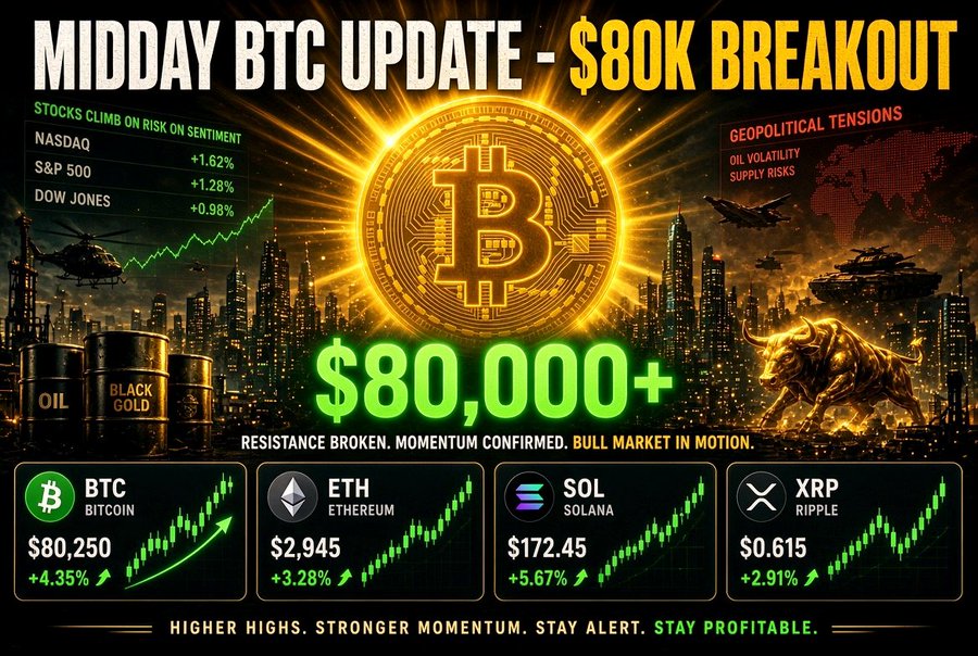 A bold crypto market update titled 'MIDDAY BTC UPDATE - $80K BREAKOUT' showing BTC at $80,250 (+4.35%), ETH at $2,945 (+3.28%), SOL at $172.45 (+5.67%), and XRP at $0.615 (+2.91%), with green bullish charts, stock tickers, and a tagline 'HIGHER HIGHS. STRONGER MOMENTUM. STAY ALERT. STAY PROFITABLE.'