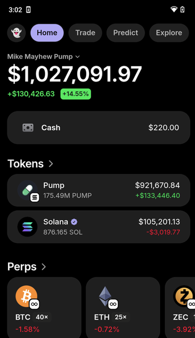 A screenshot of a crypto portfolio shows the "Mike Mayhew Pump" wallet valued at $1,027,091.97 (+14.55%), with holdings including 175.49M PUMP tokens valued at $921,670.84, supporting the celebratory post about the wallet surpassing $1 million.