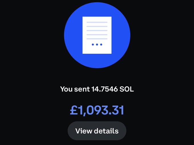 A digital transaction confirmation showing 'You sent 14.7546 SOL' valued at '£1,093.31' with a 'View details' button.