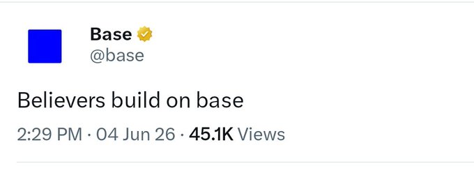 The image features a post on social media with a caption that reads "Believers build on base. Not because it is easy. Because they can see where the future is heading. While others wait for certainty, builders get to work." The post includes an emojis and a hashtag #base.