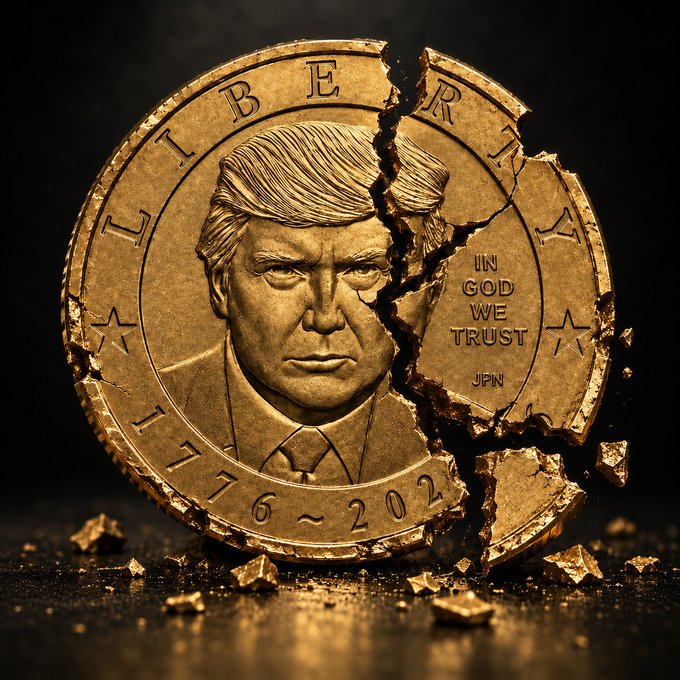 A cracked and broken gold coin features an engraved portrait of Donald Trump, the word "LIBERTY," "IN GOD WE TRUST," and the dates "1776-202."