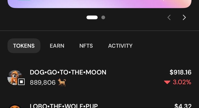 A cryptocurrency trading interface showing a token called 'DOG•GO•TO•THE•MOON' priced at $918.16 with a 3.02% decrease, alongside other tokens like 'LOBO•THE•WOLF•PUP'.