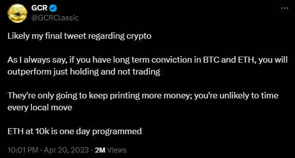 The image shows a black background with white text that reads "ETH at 10k? 202d would be hell of a bull market?". The text is written in a casual, conversational style, suggesting that the post might be related to cryptocurrency or trading.