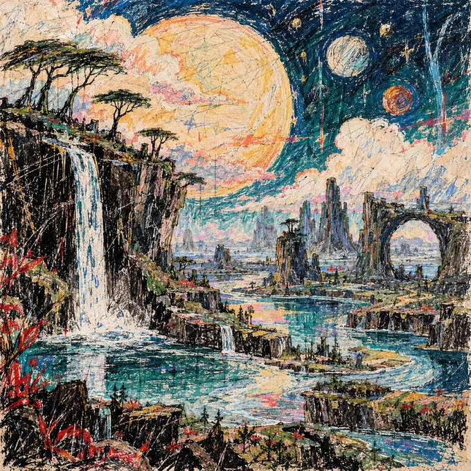 A vibrant, textured landscape painting featuring a large sun or moon, waterfalls, cliffs, and various celestial bodies in a starry sky.