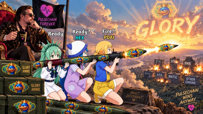 A vibrant crypto-themed illustration shows anime-style characters firing rockets at blockchain tokens labeled HEX and PDAI, with the word 'GLORY' in fire and a 'PULSECHAIN FOREVER' flag in the background.