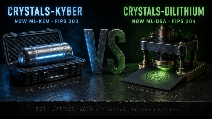 A comparison graphic titled 'CRYSTALS-KYBER vs CRYSTALS-DILITHIUM' highlighting ML-KEM (FIPS 203) for key encapsulation and ML-DSA (FIPS 204) for digital signatures, with the tagline 'BOTH LATTICE, BOTH STANDARDS, NEITHER OPTIONAL.'
