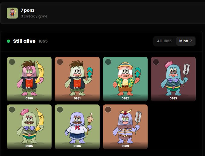 A screenshot of a digital collectibles interface showing cartoon character NFTs with numbered IDs (0980-0989), with text indicating "7 ponz", "3 already gone", and a collection size of 1855.