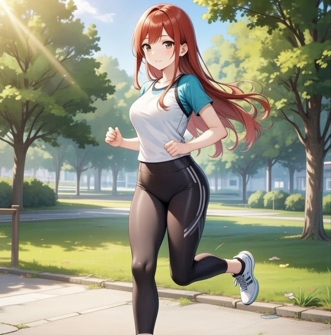 An anime-style illustration depicts a woman with long reddish-brown hair jogging in a park, wearing a blue and white t-shirt, black leggings with white stripes, and white sneakers.