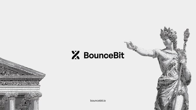 BounceBit logo and text ("bouncebit.io") displayed against a gray background featuring classical statue illustrations and a Greek temple column.