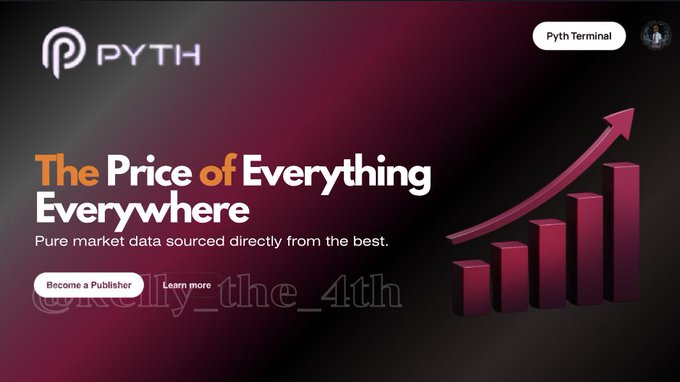 The image displays a banner for a cryptocurrency exchange called Pyth Network with a purple background and red font, reading "The Price of Everything Everywhere". The post on the network discusses pure market data sources, focusing on the reliability and accuracy of data obtained from exchanges or other vendors.