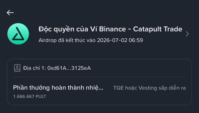 A Binance Wallet exclusive airdrop page for Catapult Trade showing the airdrop ended on 2026-07-02 06:59, with reward of 1,666.667 PULT pending TGE or vesting.
