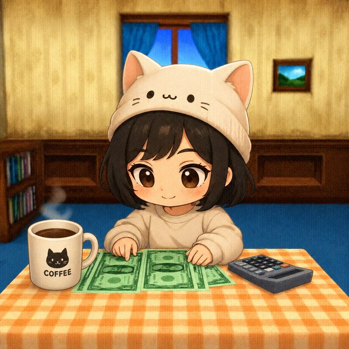 A digital illustration features a cute chibi-style girl with dark hair wearing a white cat-eared hat, sitting at a table with a checkered cloth, smiling at the viewer while surrounded by money, a calculator, and a 'COFFEE' mug.