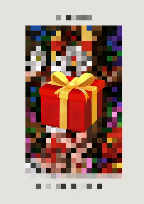A pixelated digital collage or smartphone mockup featuring a prominent 3D red gift box with a yellow ribbon centered over a multicolored, mosaic-like background.
