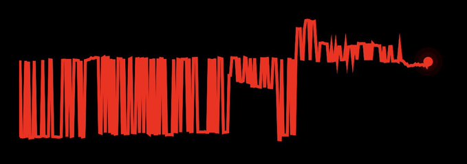 A red waveform audio visualization against a black background, showing a dense pattern of vertical lines that diminishes in density towards the right.