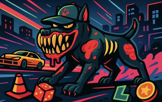 A vivid cartoon illustration shows a fierce black dog with glowing red eyes, blood-stained fangs, and a green cap snarling in a neon city street with a yellow car, traffic cone, and dice.
