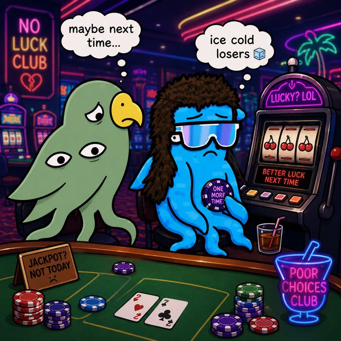 A sad green bird thinking "maybe next time..." sits beside a blue octopus wearing sunglasses and a fur hat who laments "ice cold losers" in a neon-lit casino called the "No Luck Club," with a slot machine flashing "Lucky? LOL - Better Luck Next Time," while a "Jackpot? Not Today" sign, a "Poor Choices Club" drink, and a "One More Time" chip highlight the meme's gambling-loss theme—visually echoing the creator's apology for holders who lost money while he enjoyed the human connections from his viral meme.