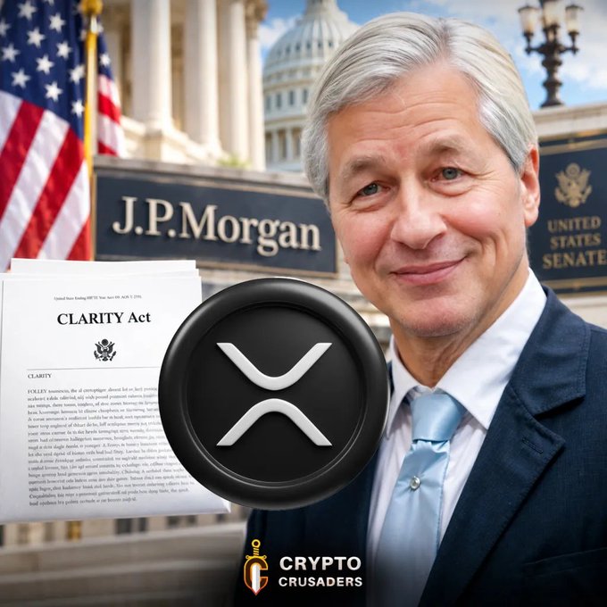 An AI-generated image shows a smiling man in a suit resembling Jamie Dimon in front of the U.S. Capitol, alongside a J.P. Morgan sign, a document titled 'CLARITY Act,' and a large XRP logo, watermarked 'Crypto Crusaders.'