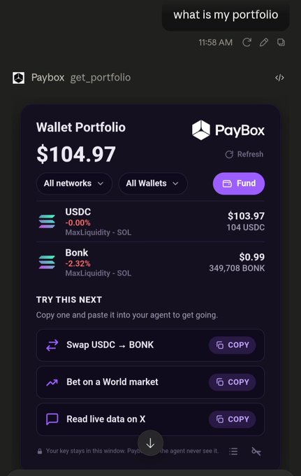 The image shows a PayBox wallet portfolio with a total value of $104.97, including USDC and Bonk. This aligns with the user's post about checking their portfolio after a drop claim.