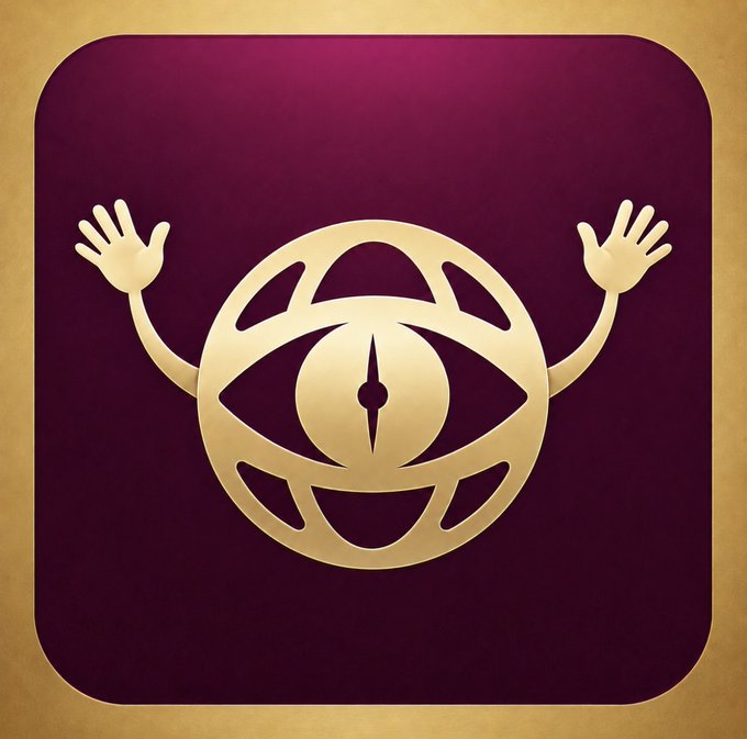 A stylized golden emblem featuring an eye within a circular geometric frame with outstretched cartoon-like hands, set against a maroon background.