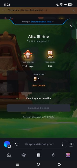 The image shows the Axie Infinity "Atia Shrine" event page displaying a streak of 1116 days, 734 slips earned, and 1 daily slip available, with an option to "Gain Atia's Blessing." It visually confirms the post's claim of a 1115+ day streak milestone in the ongoing Atia's Blessing event.