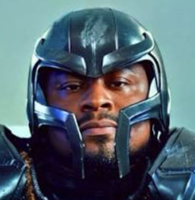 A portrait-style image of a man wearing the metallic helmet from Marvel's Black Panther, resembling Kevin Hart's facial features.