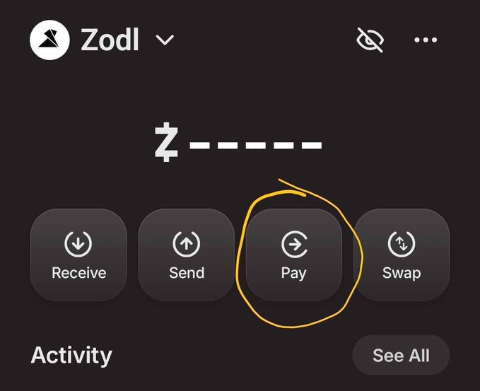 The image shows a phone screen with an app icon for ZODL (Zodl App) displayed at the top left corner of the screen. The main focus of the image is a button labeled "Pay" that is surrounded by four other buttons, each representing different actions or options within the app. These buttons include "Receive", "Send", and "Swap". The text in the image suggests that these buttons are related to the ZODL app's functionality for managing transactions on the Ethereum blockchain.