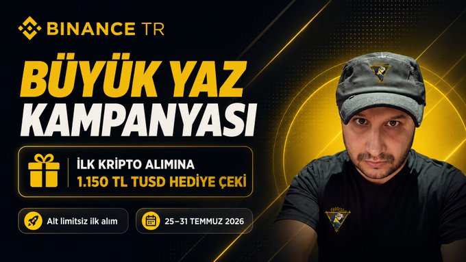 The image is a promotional banner for Binance TR's "BÜYÜK YAZ KAMPANYASI" (Big Summer Campaign), featuring a man wearing a black Binance-branded cap, and advertising a 1,150 TL TUSD gift voucher for first-time crypto buyers between July 25-31, 2026, with no minimum purchase required.

The banner visually promotes the Binance TR summer campaign mentioned in the post, highlighting the 1,150 TL TUSD gift reward for first-time crypto purchasers during the specified July 2026 dates.