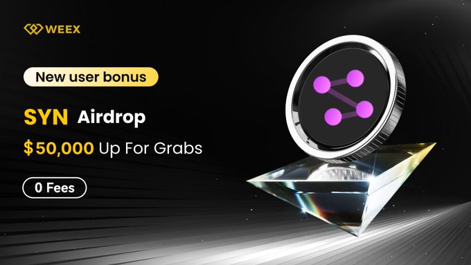 A promotional graphic for the Weex exchange featuring a 3D rendered SYN token coin above a crystal prism, advertising a $50,000 USDT $SYN airdrop for new users with a "New user bonus" badge and "0 Fees" callout, matching the accompanying airdrop event details.
