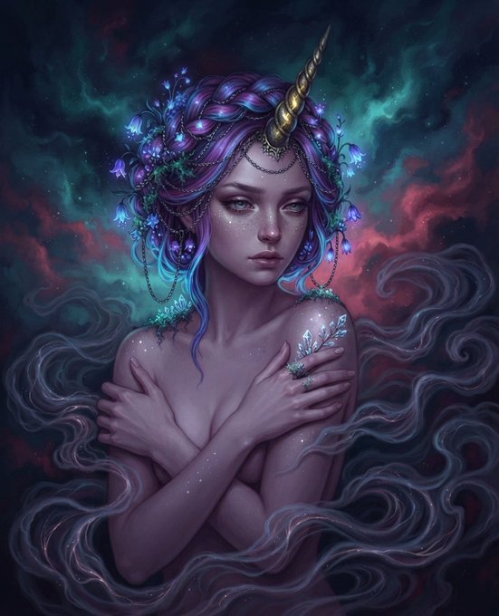 A fantasy digital artwork depicts an ethereal unicorn-like figure with a golden horn, flowing purple and blue hair adorned with glowing flowers and chains, and starry markings, emerging from swirling misty clouds against a cosmic teal and magenta nebula background. The mystical piece is being promoted as available for collection on the Objkt NFT marketplace.