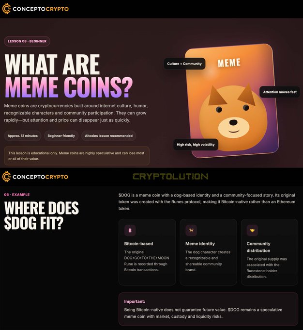 An educational graphic from CONCEPTOCRYPTO titled 'WHAT ARE MEME COINS?' explaining the concept with an example of $DOG, a Bitcoin-based meme coin.