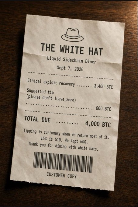 A humorous receipt from 'THE WHITE HAT' at the 'Liquid Sidechain Diner' dated Sept 7, 2026, showing charges for 'Ethical exploit recovery' and 'Tipping' totaling 4,000 BTC, with a note about returning most of the tip.